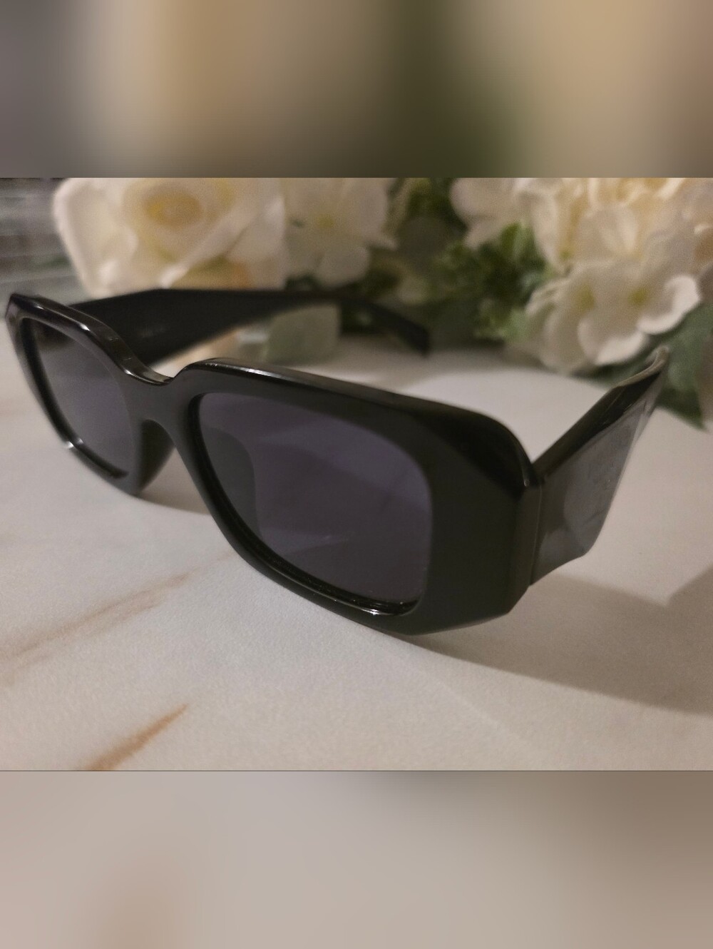 Prada Glossy Black Rectangular Women's Sunglasses